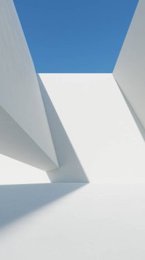 Soyut modern mimari arka plan, minimal geometri mimari tasarımı, boş beton zeminli araba sunumu arkaplanı, Geometrik beyaz bloklar bina tasarımı