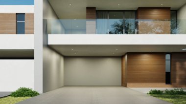 Modern ev, çimen çimenliği ve beton garaj yolu olan minimal mimari, lüks mülk inşaatı için 3D tasarım.