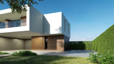 Modern ev, çimen çimenliği ve beton garaj yolu olan minimal mimari, lüks mülk inşaatı için 3D tasarım.