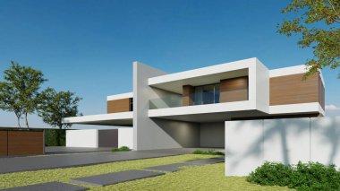 Modern ev, çimen çimenliği ve beton garaj yolu olan minimal mimari, lüks mülk inşaatı için 3D tasarım.