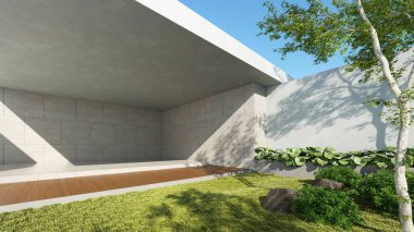 Modern evin 3 boyutlu tasarımı, ahşap terası ve yeşil bahçe manzarası olan minimal mimari, içi boş travertin duvarlı dış mekan.