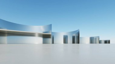 Üç boyutlu soyut dalgalı mimari arka plan, minimum eğimli geometri mimari tasarımı, boş beton zeminli araba sunum arkaplanı, akan geometrik metal bina tasarımı
