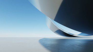 Üç boyutlu soyut dalgalı mimari arka plan, minimum eğimli geometri mimari tasarımı, boş beton zeminli araba sunum arkaplanı, akan geometrik metal bina tasarımı