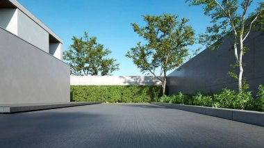 Modern ev, boş duvar ve beton garaj yolu olan minimal mimari, lüks mülk inşaatı için 3D tasarım.