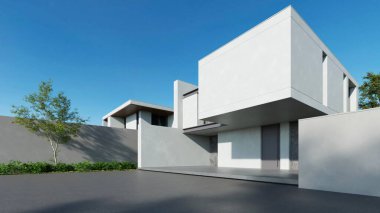 Modern ev, boş duvar ve beton garaj yolu olan minimal mimari, lüks mülk inşaatı için 3D tasarım.