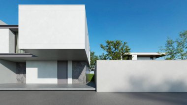 Modern ev, boş duvar ve beton garaj yolu olan minimal mimari, lüks mülk inşaatı için 3D tasarım.