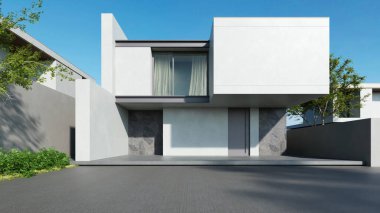 Modern ev, boş duvar ve beton garaj yolu olan minimal mimari, lüks mülk inşaatı için 3D tasarım.