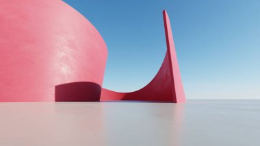 Soyut kırmızı kıvrımlı mimari arka plan, boş beton zeminli boş dalgalı dinamik yapı, araba sunumu için modern dış görünüş, 3D görüntüleme