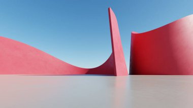 Soyut kırmızı kıvrımlı mimari arka plan, boş beton zeminli boş dalgalı dinamik yapı, araba sunumu için modern dış görünüş, 3D görüntüleme