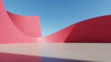 Soyut kırmızı kıvrımlı mimari arka plan, boş beton zeminli boş dalgalı dinamik yapı, araba sunumu için modern dış görünüş, 3D görüntüleme