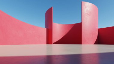 Soyut kırmızı kıvrımlı mimari arka plan, boş beton zeminli boş dalgalı dinamik yapı, araba sunumu için modern dış görünüş, 3D görüntüleme
