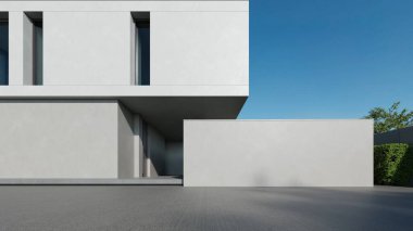 Modern ev, boş duvar ve beton garaj yolu olan minimal mimari, lüks mülk inşaatı için 3D tasarım.