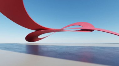 Soyut kırmızı kıvrımlı mimari arka plan, boş beton zeminli boş dalgalı dinamik yapı, araba sunumu için modern dış görünüş, 3D görüntüleme