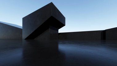 Soyut koyu mimari arka plan, boş beton zeminli boş siyah geometrik bina, araba sunumu için modern dış görünüş, 3D görüntüleme