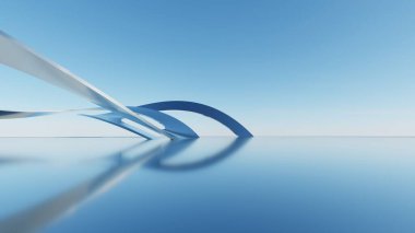 Üç boyutlu soyut dalgalı mimari arka plan, minimum eğimli geometri mimari tasarımı, boş beton zeminli araba sunum arkaplanı, akan geometrik metal bina tasarımı