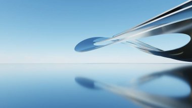 Üç boyutlu soyut dalgalı mimari arka plan, minimum eğimli geometri mimari tasarımı, boş beton zeminli araba sunum arkaplanı, akan geometrik metal bina tasarımı