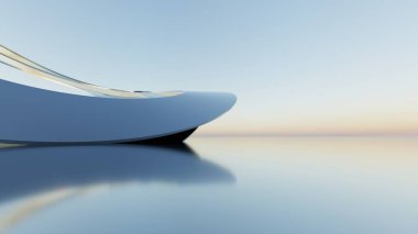 Üç boyutlu soyut dalgalı mimari arka plan, minimum eğimli geometri mimari tasarımı, boş beton zeminli araba sunum arkaplanı, akan geometrik metal bina tasarımı