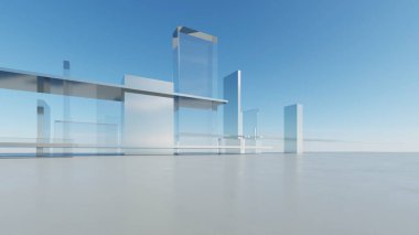 Üç boyutlu soyut minimal mimari arkaplan, krom veya cam tasarımlı geometrik mimari, model şeffaf binalı şehir manzarası