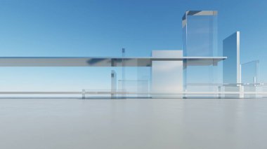 Üç boyutlu soyut minimal mimari arkaplan, krom veya cam tasarımlı geometrik mimari, model şeffaf binalı şehir manzarası