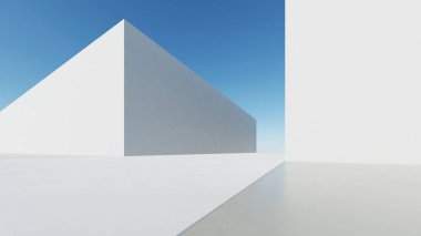Soyut modern mimari arka plan, minimal geometri mimari tasarımı, boş beton zeminli araba sunumu arkaplanı, Geometrik beyaz bloklar bina tasarımı