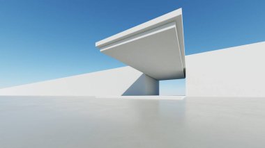 Soyut modern mimari arka plan, minimal geometri mimari tasarımı, boş beton zeminli araba sunumu arkaplanı, Geometrik beyaz bloklar bina tasarımı