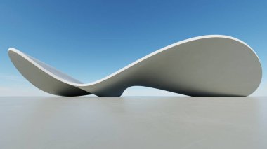 Soyut beyaz kıvrımlı mimari arka plan, yansıyan beton zeminli boş dalgalı alan, fütürist modern iç fon, çarpık binanın 3D görüntüsü
