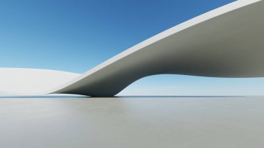 Soyut beyaz kıvrımlı mimari arka plan, yansıyan beton zeminli boş dalgalı alan, fütürist modern iç fon, çarpık binanın 3D görüntüsü