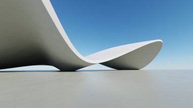 Soyut beyaz kıvrımlı mimari arka plan, yansıyan beton zeminli boş dalgalı alan, fütürist modern iç fon, çarpık binanın 3D görüntüsü