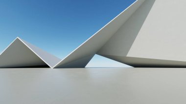 Soyut modern mimari arka plan, minimal geometri mimari tasarımı, boş beton zeminli araba sunumu arkaplanı, Geometrik beyaz bina tasarımı