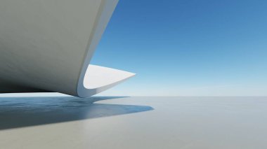 Soyut beyaz kıvrımlı mimari arka plan, yansıyan beton zeminli boş dalgalı alan, fütürist modern iç fon, çarpık binanın 3D görüntüsü