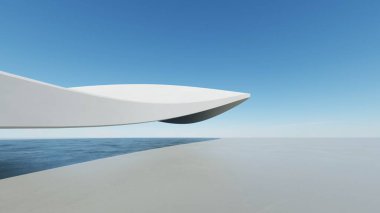 Soyut beyaz kıvrımlı mimari arka plan, yansıyan beton zeminli boş dalgalı alan, fütürist modern iç fon, çarpık binanın 3D görüntüsü