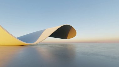 Soyut beyaz kıvrımlı mimari arka plan, yansıyan beton zeminli boş dalgalı alan, fütürist modern iç fon, çarpık binanın 3D görüntüsü