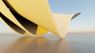 Soyut beyaz kıvrımlı mimari arka plan, yansıyan beton zeminli boş dalgalı alan, fütürist modern iç fon, çarpık binanın 3D görüntüsü