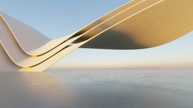 Soyut beyaz kıvrımlı mimari arka plan, yansıyan beton zeminli boş dalgalı alan, fütürist modern iç fon, çarpık binanın 3D görüntüsü