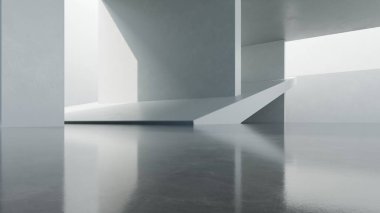 Güneş ışığıyla iç mekanın soyutlanması, yere gölge düşmesi, boş beton duvar arkaplanı, 3D görüntüleme