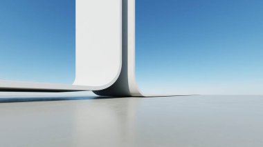 Soyut beyaz kıvrımlı mimari arka plan, yansıyan beton zeminli boş dalgalı alan, fütürist modern iç fon, çarpık binanın 3D görüntüsü