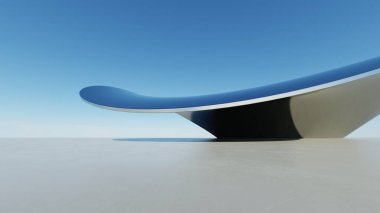 Üç boyutlu soyut dalgalı mimari arka plan, minimum eğimli geometri mimari tasarımı, boş beton zeminli araba sunum arkaplanı, akan geometrik metal bina tasarımı