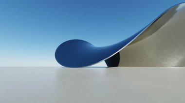 Üç boyutlu soyut dalgalı mimari arka plan, minimum eğimli geometri mimari tasarımı, boş beton zeminli araba sunum arkaplanı, akan geometrik metal bina tasarımı