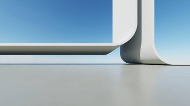 Soyut beyaz kıvrımlı mimari arka plan, yansıyan beton zeminli boş dalgalı alan, fütürist modern iç fon, çarpık binanın 3D görüntüsü