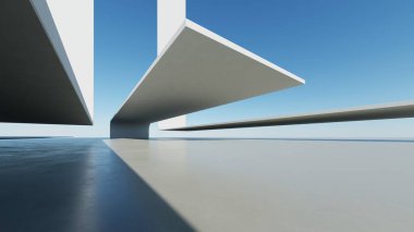 Soyut beyaz kıvrımlı mimari arka plan, yansıyan beton zeminli boş dalgalı alan, fütürist modern iç fon, çarpık binanın 3D görüntüsü