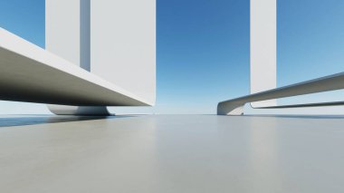 Soyut beyaz kıvrımlı mimari arka plan, yansıyan beton zeminli boş dalgalı alan, fütürist modern iç fon, çarpık binanın 3D görüntüsü