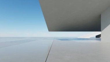 Soyut modern mimari arka plan, minimal geometri mimari tasarımı, boş beton zeminli araba sunumu arkaplanı, Geometrik beyaz bloklar bina tasarımı