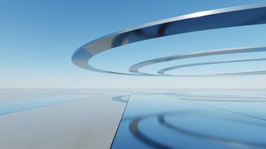 Üç boyutlu soyut dalgalı mimari arka plan, minimum eğimli geometri mimari tasarımı, boş beton zeminli araba sunum arkaplanı, akan geometrik metal bina tasarımı