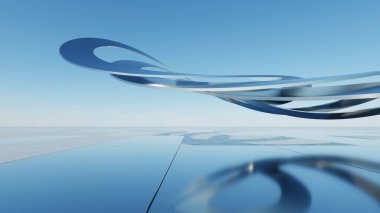 Üç boyutlu soyut dalgalı mimari arka plan, minimum eğimli geometri mimari tasarımı, boş beton zeminli araba sunum arkaplanı, akan geometrik metal bina tasarımı