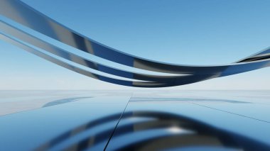 Üç boyutlu soyut dalgalı mimari arka plan, minimum eğimli geometri mimari tasarımı, boş beton zeminli araba sunum arkaplanı, akan geometrik metal bina tasarımı