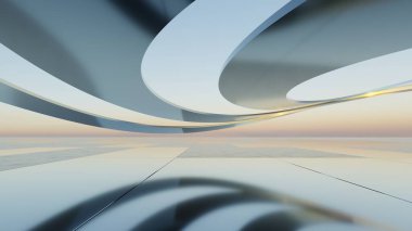 Üç boyutlu soyut dalgalı mimari arka plan, minimum eğimli geometri mimari tasarımı, boş beton zeminli araba sunum arkaplanı, akan geometrik metal bina tasarımı