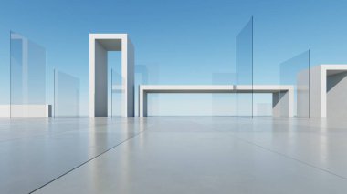 Üç boyutlu soyut minimal mimari arkaplan, krom veya cam tasarımlı geometrik mimari, model şeffaf binalı şehir manzarası