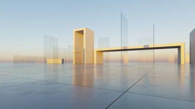 Üç boyutlu soyut minimal mimari arkaplan, krom veya cam tasarımlı geometrik mimari, model şeffaf binalı şehir manzarası