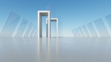 Üç boyutlu soyut minimal mimari arkaplan, krom veya cam tasarımlı geometrik mimari, model şeffaf binalı şehir manzarası