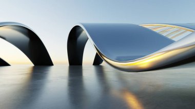 Üç boyutlu soyut dalgalı mimari arka plan, minimum eğimli geometri mimari tasarımı, boş beton zeminli araba sunum arkaplanı, akan geometrik cam bina tasarımı